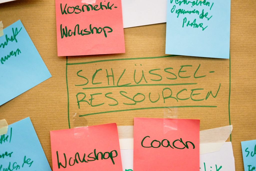 Zettel mit Brainstorming-Ideen auf einem Flipchart während eines Workshops zum Unternehmertum.